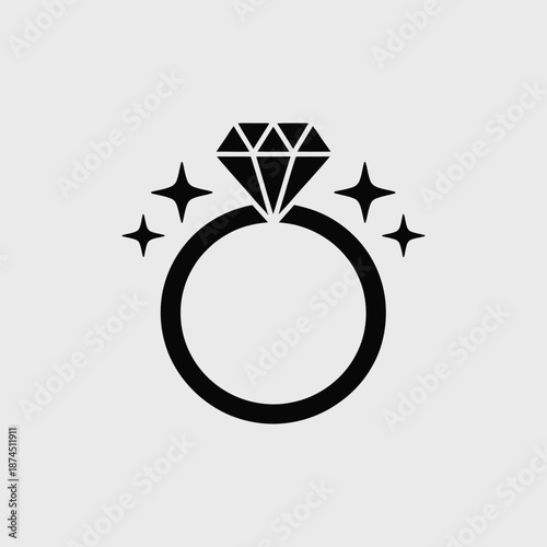 A simple black and white illustration showcases a sparkling diamond engagement ring with glittering star accents