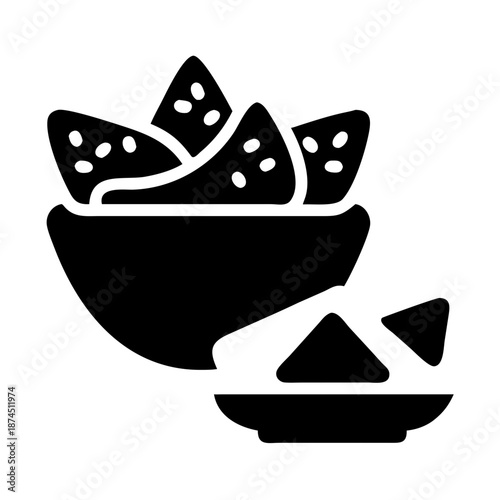 Black silhouette of chips and salsa in a bowl, served with dip