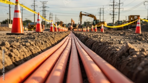 Underground utility installation with orange fiber optic cables or pipes in a trench at a construction site with heavy machinery and traffic cones.
