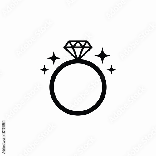 A simple black and white illustration depicting a sparkling diamond engagement ring with star details