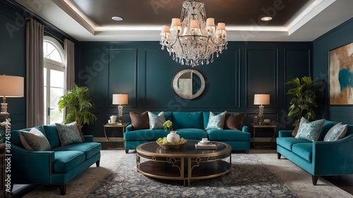 A modern luxury living room with a comfortable sofa, fireplace, stylish furniture, large windows, and warm indoor lighting in a contemporary home interior