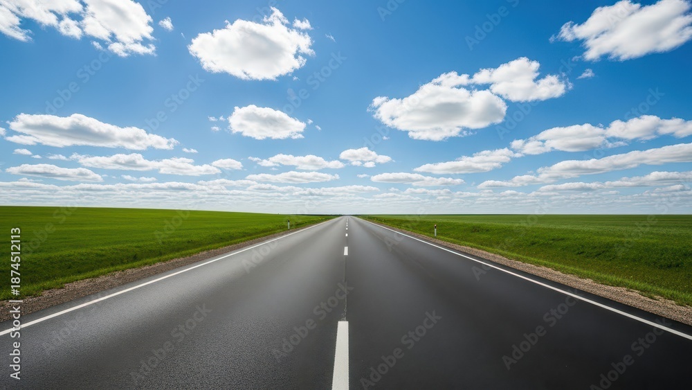 Fototapeta premium Straight asphalt road through green fields under a blue sky with white clouds