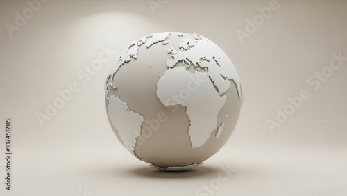 Minimalist white 3D globe of planet Earth on neutral beige background