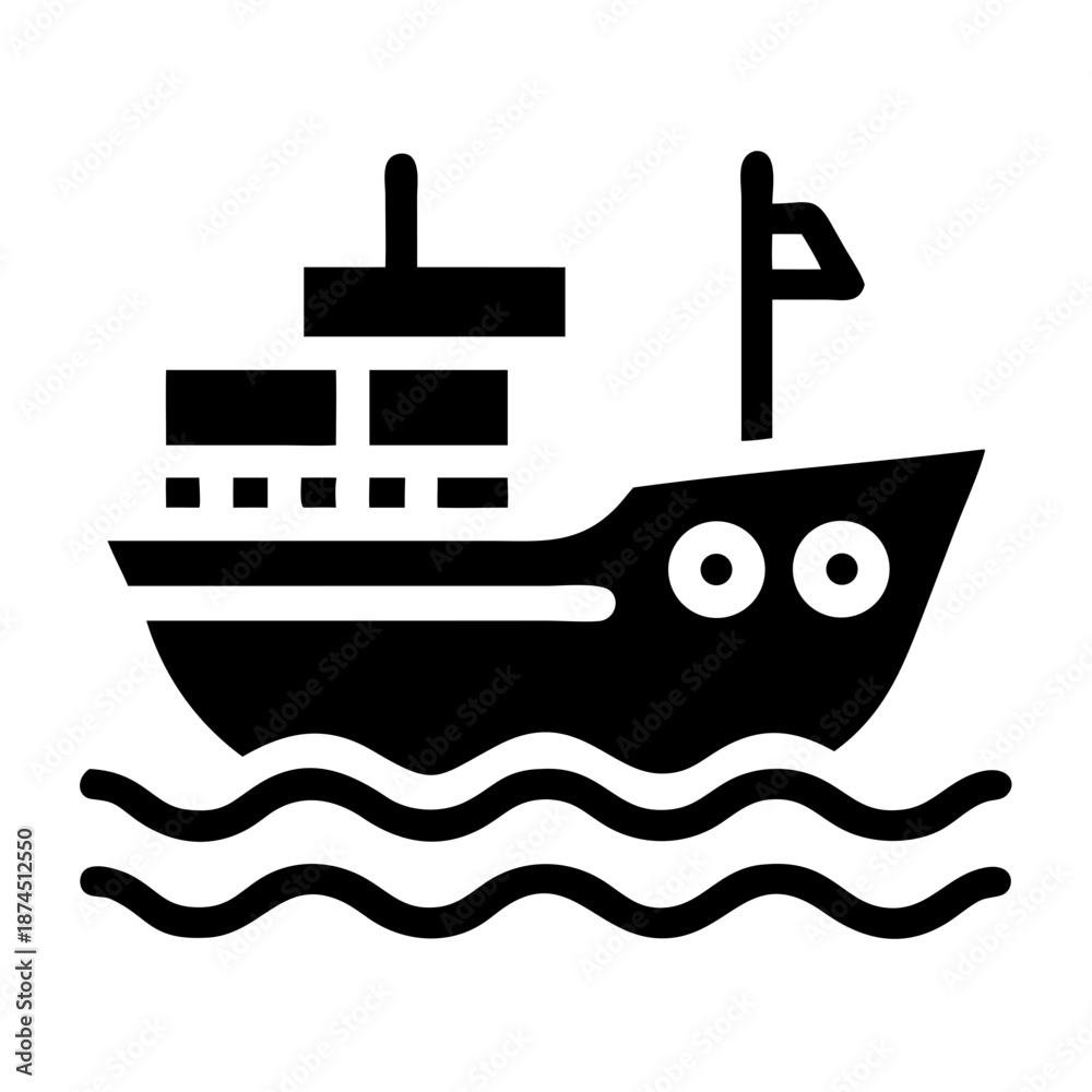 Obraz premium Cargo Ship Icon on Ocean Waves, Shipping Container Transport Vessel, Maritime Logistics, Industry Vector Art