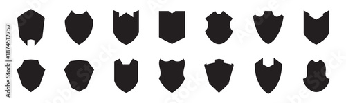 A collection of diverse black and white shield emblems and heraldic designs displayed in a neat arrangement