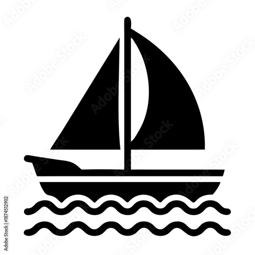Black Silhouette Sailboat on Wavy Water Icon Vector, Simple Nautical Boat Graphic for Travel and Leisure Concepts
