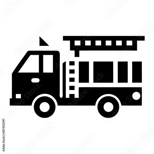 Black and white icon of a modern fire truck with ladder and hose compartment, simple graphic design