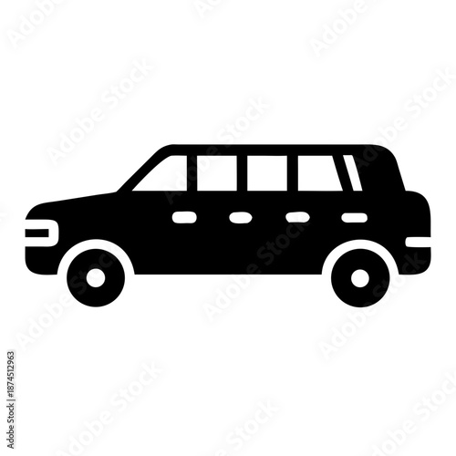 Black Silhouette of a Stretch Limousine Car Isolated on White Background, Vector Graphic Icon
