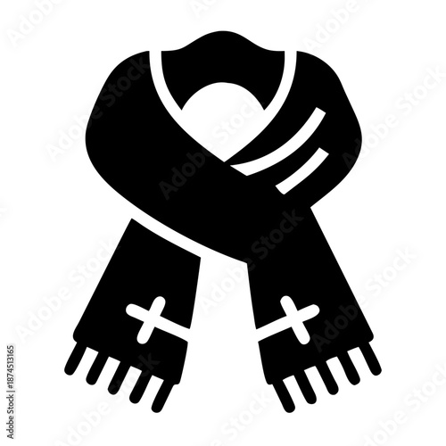 Black Infinity Scarf Silhouette with Fringe and Decorative Stitches, Winter Fashion Accessory Icon