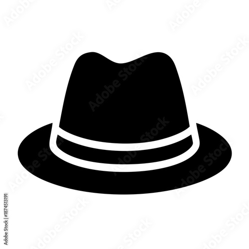 Classic Black Fedora Hat Silhouette with White Band, Simple Iconographic Style, Isolated on White Background