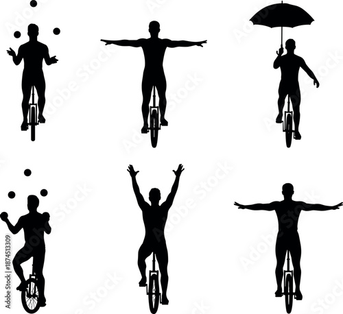 Silhouette set of a professional circus performer riding a unicycle while juggling balls, holding an umbrella, and balancing with arms.