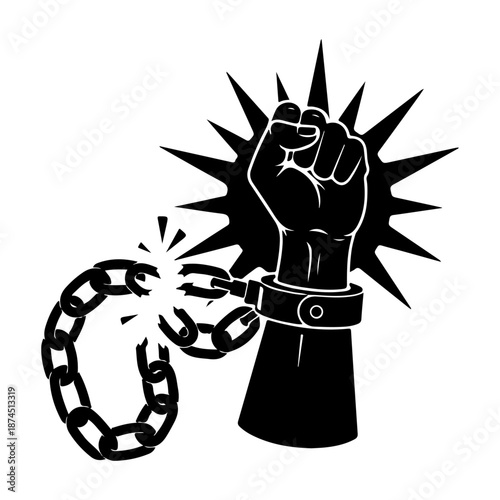 A symbol of freedom and overcoming oppression, a powerful silhouetted fist breaks free from a shattered chain, representing liberation and the triumph over adversity
