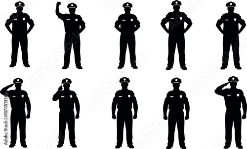 Silhouette set of police officers in uniform and hats standing in various poses like saluting talking on radio and patrolling