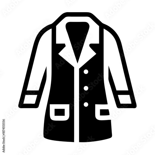 Duster coat icon, minimal black and white vector illustration of a classic trench coat with pockets.