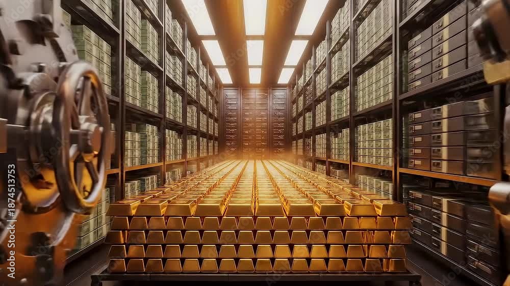 Heavy bank vault door opening to gold bars and stacked bullion ...