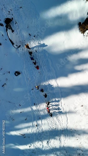 Aerial view of mountain valley with snow