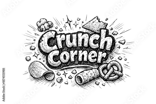 Hand drawn snack typography with crunchy elements in black and white