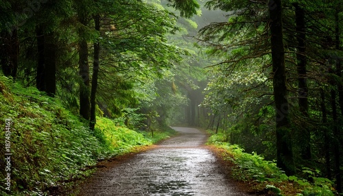freshly rain soaked forest path invoking the earthy scent of petrichor with water droplets glistening on vibrant green leaves
