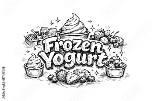 Hand drawn frozen yogurt design with fruits and toppings in black and white
