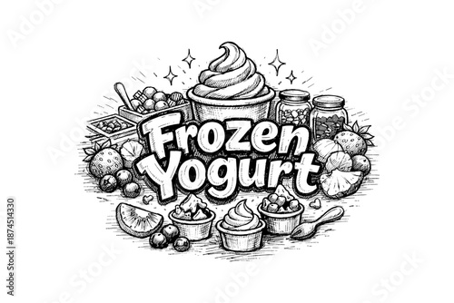Hand-drawn frozen yogurt with fruits and toppings in a vintage style