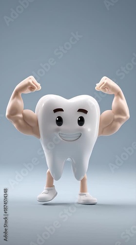 Cute Cartoon Tooth Mascot Character with Muscular Arms and Confident Smile for Dental Concept