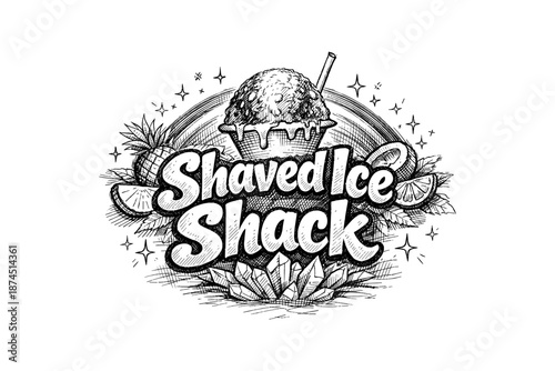 Detailed black and white shaved ice artwork with tropical fruits and stars