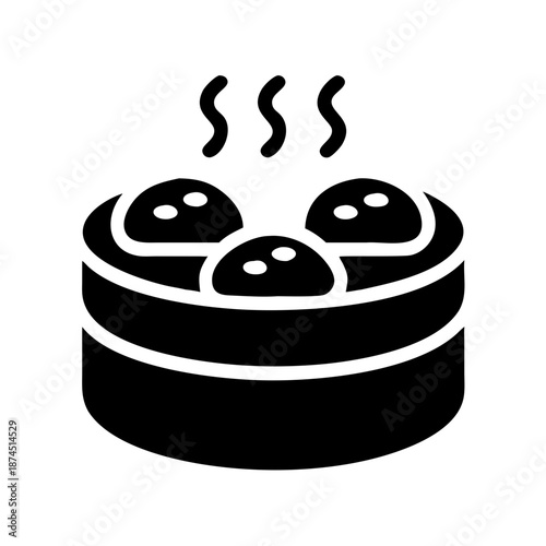Steaming Dim Sum Dumplings in Bamboo Steamer Basket, Traditional Asian Food Icon, Simple Black and White Vector