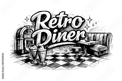 Retro diner sketch with jukebox and milkshakes in a classic checkered floor setting