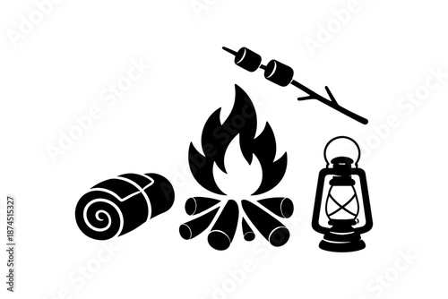 Camping essentials silhouette: campfire, lantern, sleeping bag, marshmallow stick in bold design