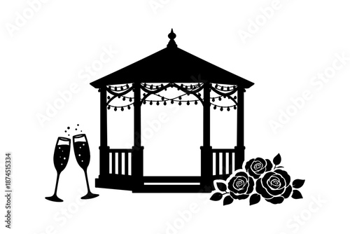 Silhouette gazebo with champagne and roses: romantic event design