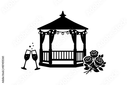 Romantic gazebo silhouette with roses and champagne glasses