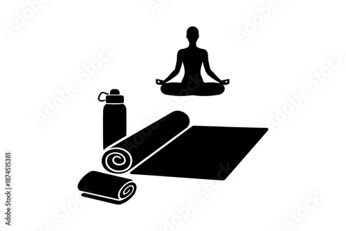 Yoga essentials silhouette: mat, water bottle, meditation pose for mindfulness practice