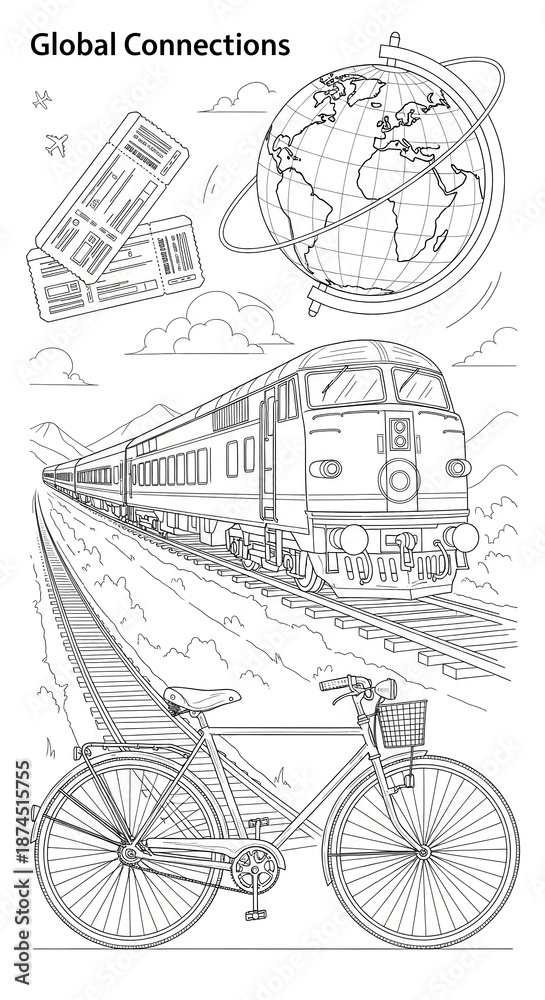 Fototapeta premium Line drawing of travel themed objects: globe, plane ticket, train, bike, showing global connections, exploration, adventure and different ways to travel