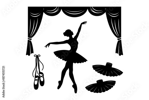 Elegant ballerina silhouette with ballet elements on stage