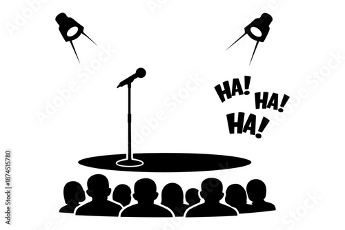 Stand-up comedy scene with microphone on stage and audience laughter silhouette