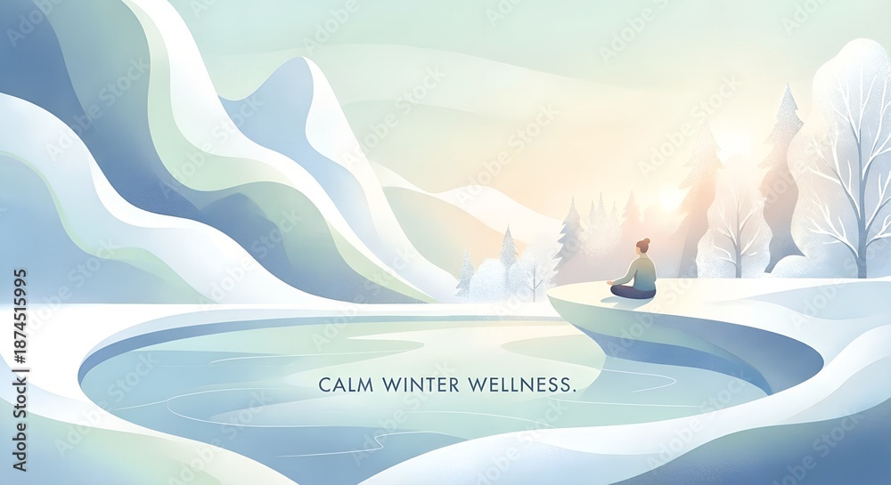 Obraz premium Person meditating in lotus pose amidst snowy mountains and frozen water for a winter wellness concept and tranquil escape