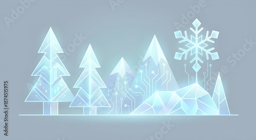 Digital winter landscape with glowing circuit patterns and geometric mountains for technological innovation concept and serene cyber aesthetic