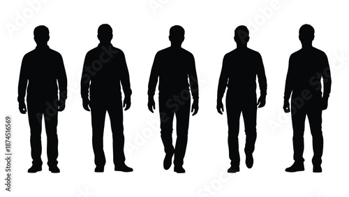Silhouettes of five individuals isolated on white background, Vector
