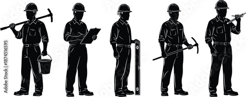 Construction worker silhouettes holding tools and equipment, professional builder characters set, black vector illustration collection
