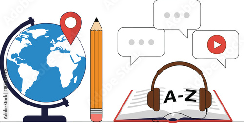 Online education and language learning concept with globe, book, headphones, chat bubbles and video icon illustration