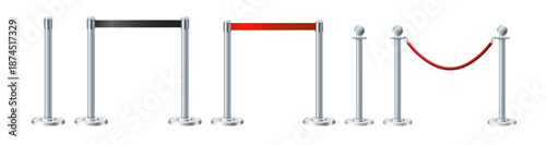Retractable belt rack. Portable tape barrier. Red tape for fencing. Red carpet with red ropes on silver supports. Exclusive event, movie premiere, gala concert, awards ceremony.