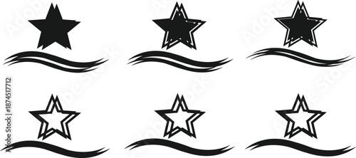 Abstract star and wave logo set in black silhouette style, modern minimal symbol collection for branding and creative design