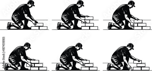 Construction worker laying bricks sequence, professional mason building brick wall step by step, black silhouette illustration set