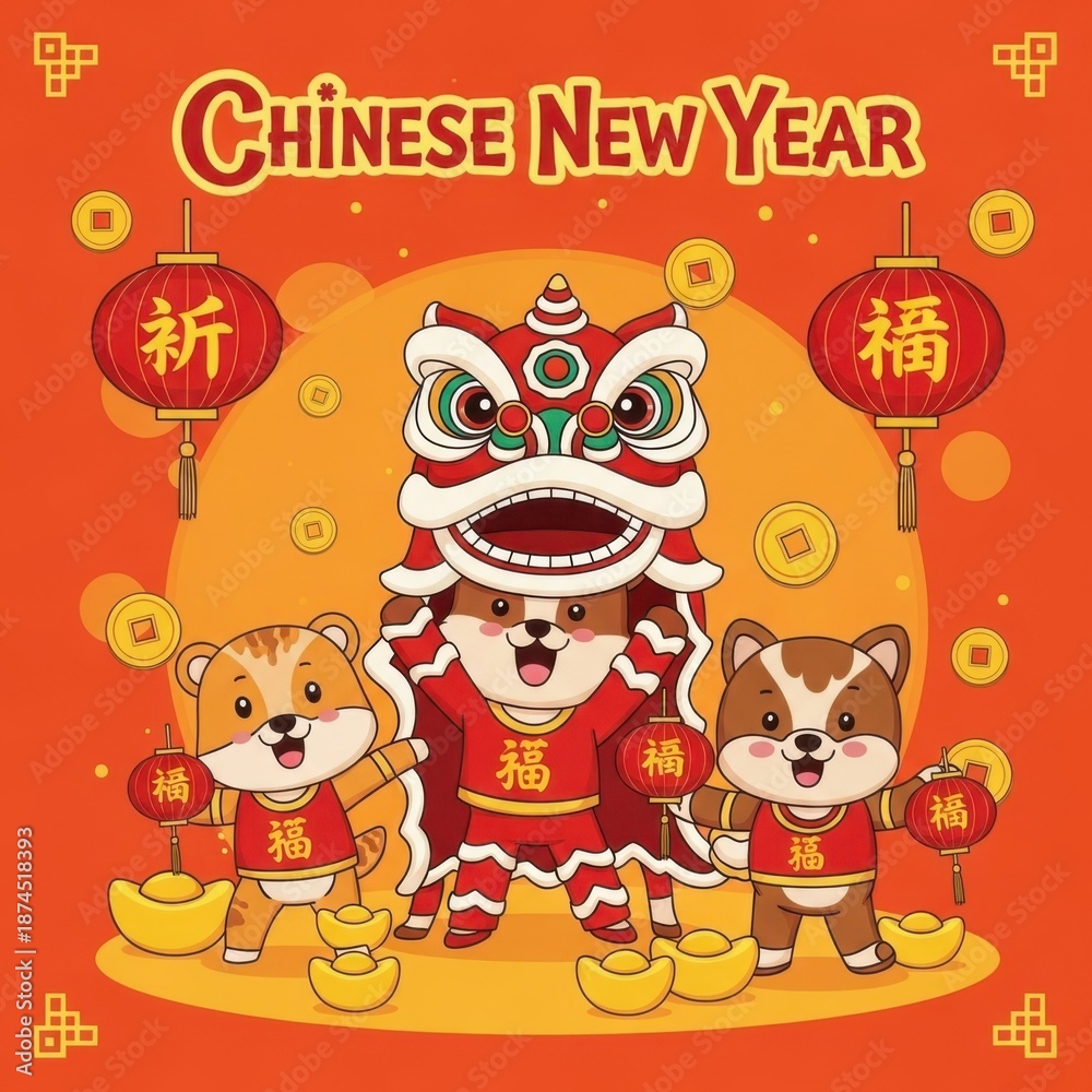 Naklejka premium Celebrating chinese new year with corgi lions