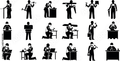 Construction worker silhouettes set, carpenter character collection with tools, builder handyman repairman working in different poses and professional manual labor.