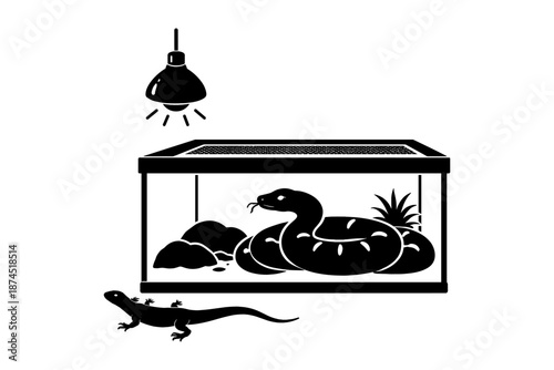 Reptile terrarium silhouette: snake and gecko with heat lamp