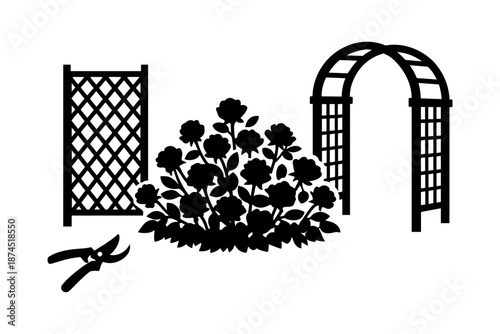 Garden silhouette with rose bush, trellis, arch, and pruning shears