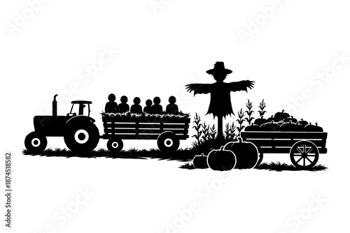 Silhouette tractor harvest scene with hayride and scarecrow
