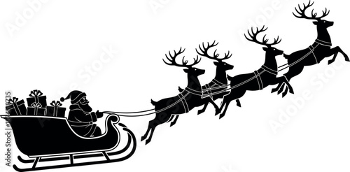 Black silhouette of Santa Claus in a sleigh pulled by reindeer with gifts flying through the air on Christmas Eve.