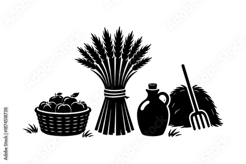 Harvest season silhouette: wheat, apples, and farm tools icon collection
